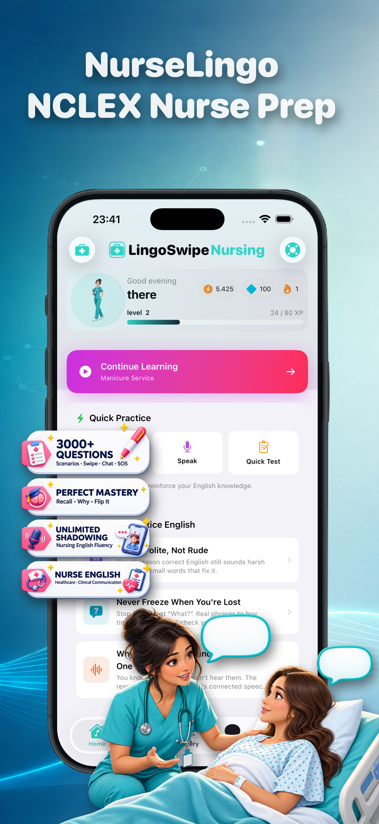 NurseLingo nursing English and practice screen